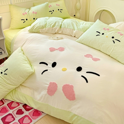 富米莱（原臻工厂） 2025新款云朵棉水洗棉毛巾绣拼角工艺四件套 快乐猫咪-绿格