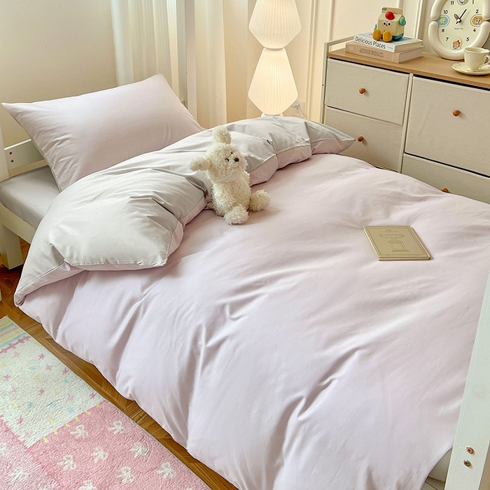 91家纺网 家纺一手货源 找家纺 泽西家纺 2025新款A类加密全棉40支13376简约风宿舍双拼纯色纯棉学生三件套 微微紫+浅米灰