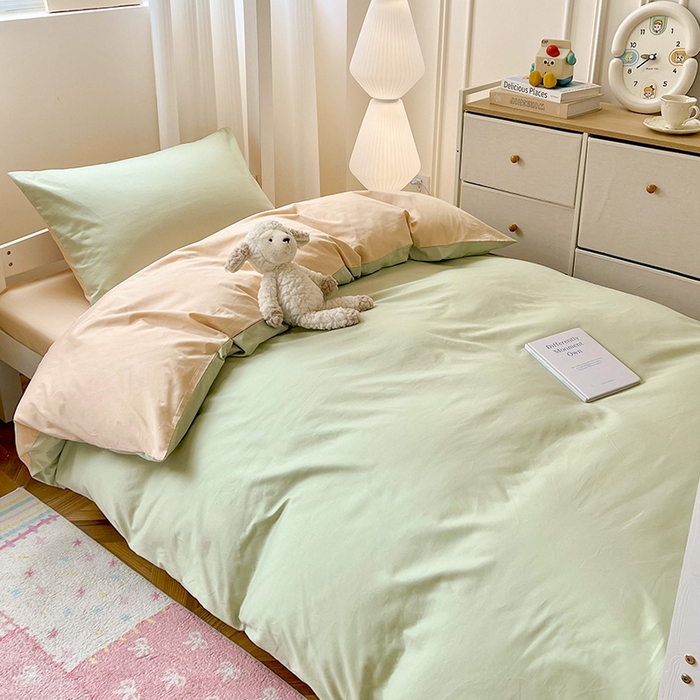 91家纺网 家纺一手货源 找家纺 泽西家纺 2025新款A类加密全棉40支13376简约风宿舍双拼纯色纯棉学生三件套 橄榄绿+奶茶