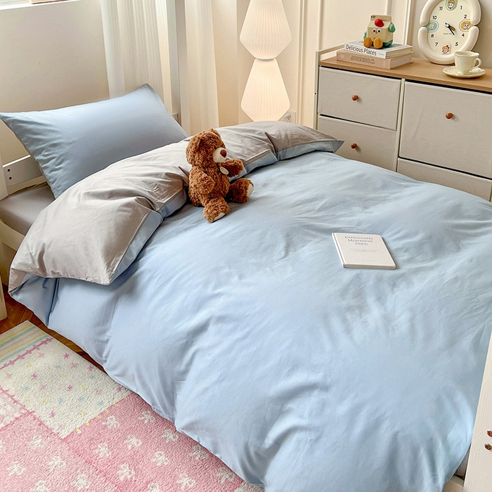 91家纺网 家纺一手货源 找家纺 泽西家纺 2025新款A类加密全棉40支13376简约风宿舍双拼纯色纯棉学生三件套 淡蓝+深灰