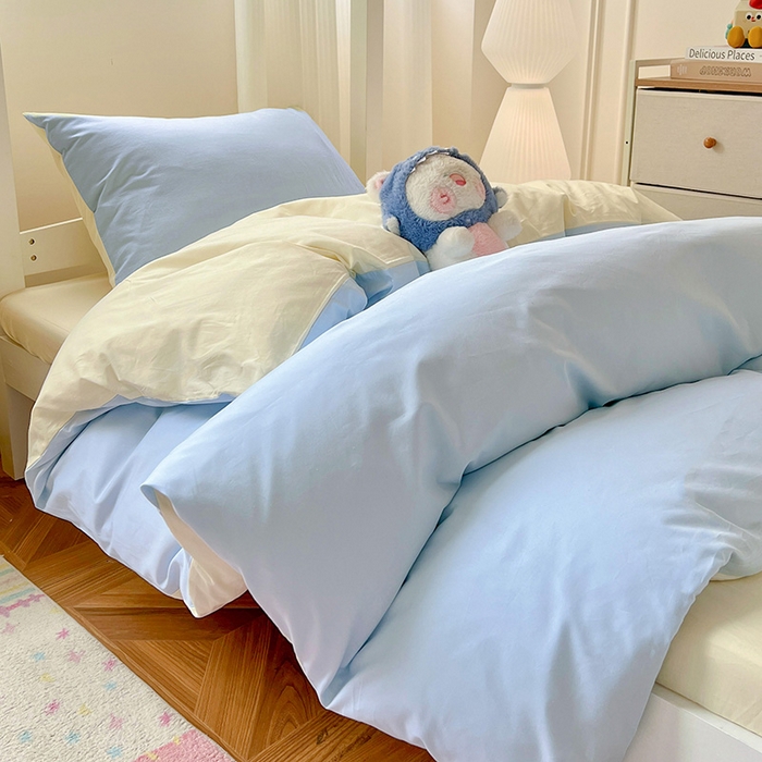 91家纺网 家纺一手货源 找家纺 泽西家纺 2025新款A类加密全棉40支13376简约风宿舍双拼纯色纯棉学生三件套 晴空蓝+米黄