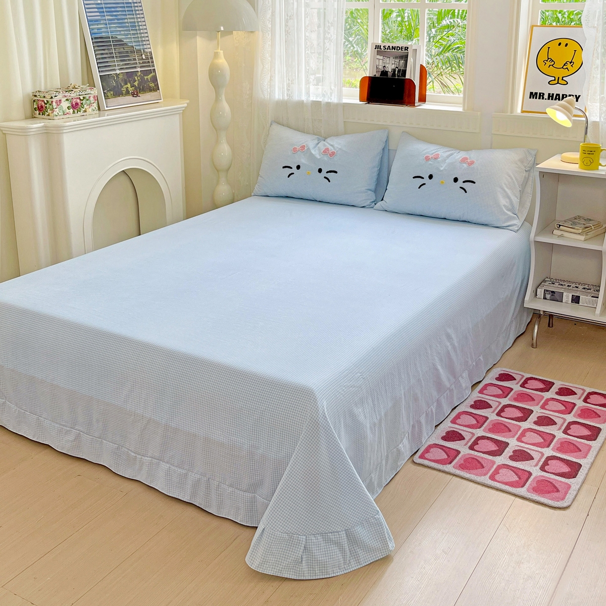 91家纺网 家纺一手货源 找家纺 富米莱（原臻工厂） 2025新款云朵棉水洗棉毛巾绣拼角工艺四件套 快乐猫咪-蓝格