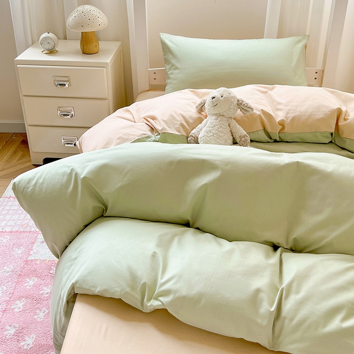 91家纺网 家纺一手货源 找家纺 泽西家纺 2025新款A类加密全棉40支13376简约风宿舍双拼纯色纯棉学生三件套 橄榄绿+奶茶