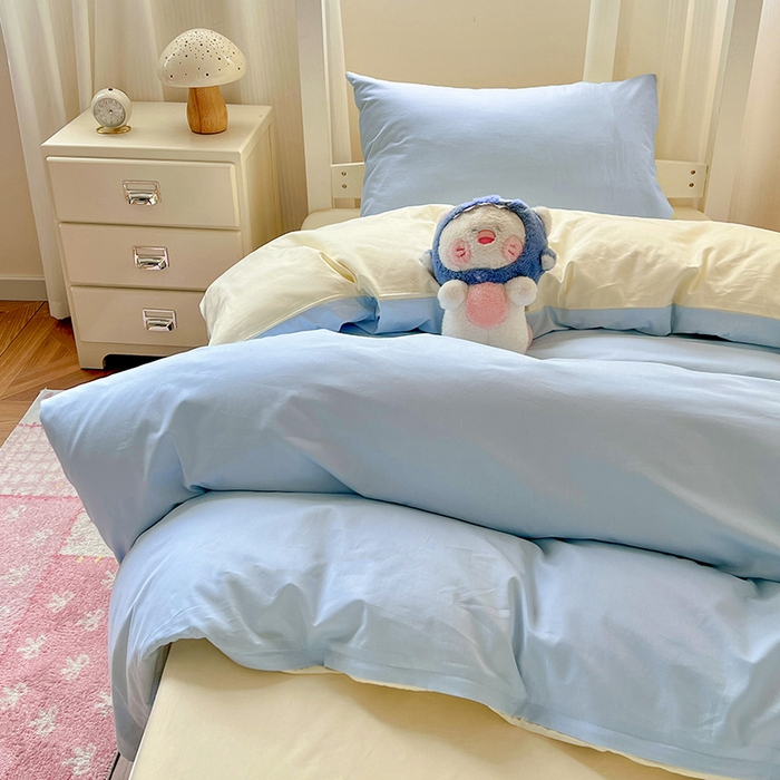 91家纺网 家纺一手货源 找家纺 泽西家纺 2025新款A类加密全棉40支13376简约风宿舍双拼纯色纯棉学生三件套 晴空蓝+米黄