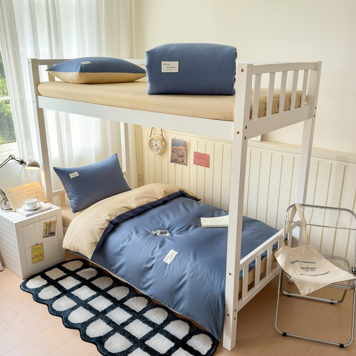 91家纺网 家纺一手货源 找家纺 曼之夏 2025新款全棉拼色纯色宿舍学生三件套 兰灰+浅驼