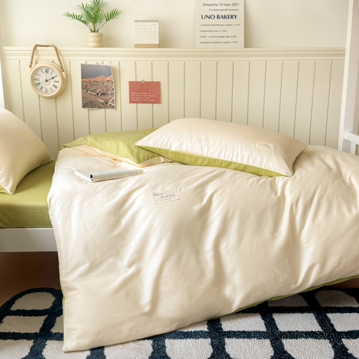 91家纺网 家纺一手货源 找家纺 曼之夏 2025新款全棉拼色纯色宿舍学生三件套 米白+草绿