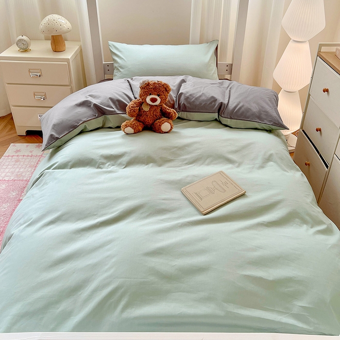 91家纺网 家纺一手货源 找家纺 泽西家纺 2025新款A类加密全棉40支13376简约风宿舍双拼纯色纯棉学生三件套 豆绿+高级灰