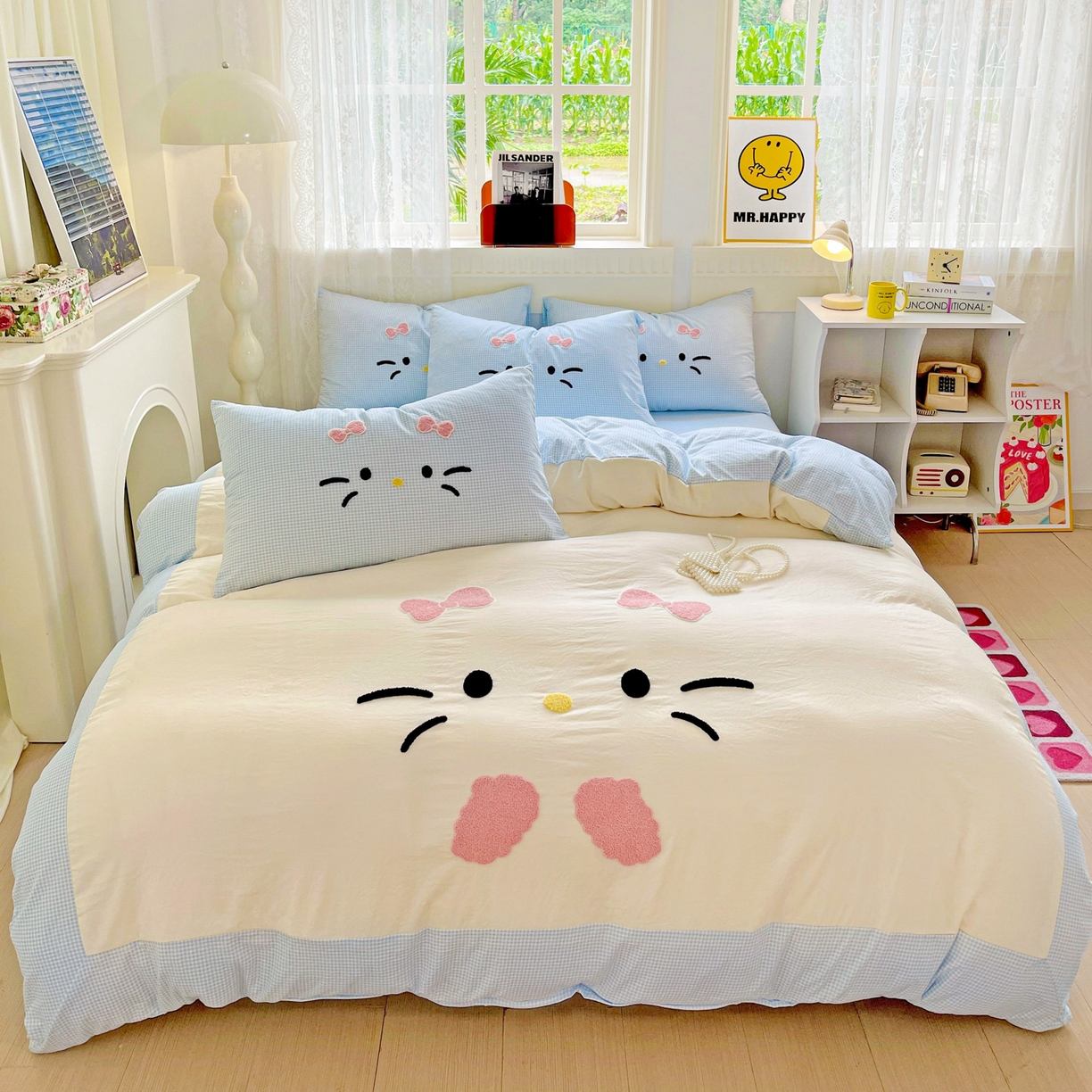 91家纺网 家纺一手货源 找家纺 富米莱（原臻工厂） 2025新款云朵棉水洗棉毛巾绣拼角工艺四件套 快乐猫咪-蓝格