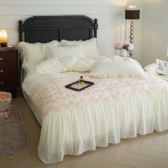 91家纺网 家纺一手货源 找家纺 庭笙 2025新款高定款法式蕾丝边四件套幽香玫瑰 幽香玫瑰-奶白