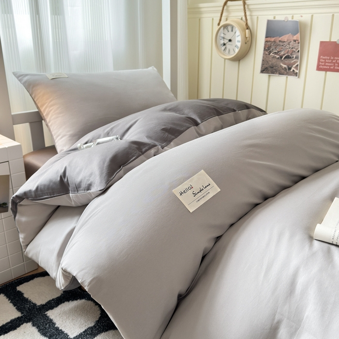 91家纺网 家纺一手货源 找家纺 曼之夏 2025新款全棉拼色纯色宿舍学生三件套 米灰+高级灰