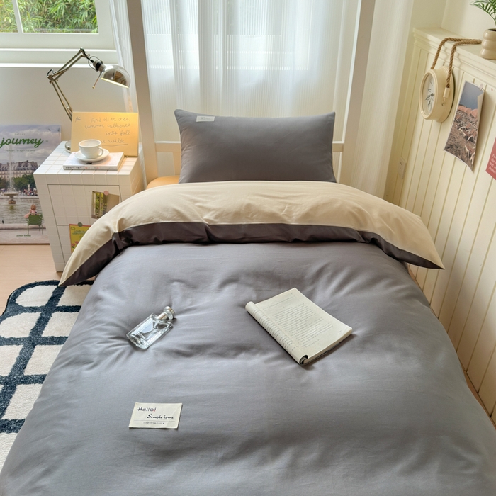 91家纺网 家纺一手货源 找家纺 曼之夏 2025新款全棉拼色纯色宿舍学生三件套 高级灰+浅驼