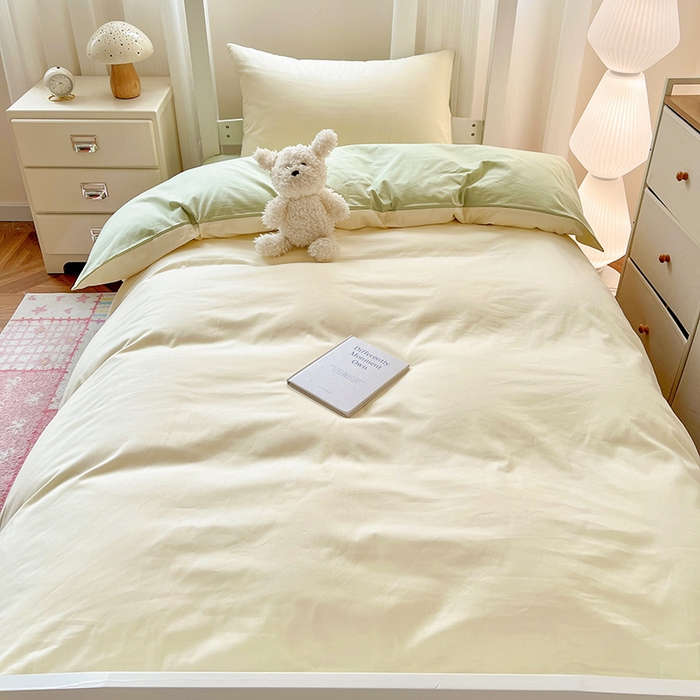 91家纺网 家纺一手货源 找家纺 泽西家纺 2025新款A类加密全棉40支13376简约风宿舍双拼纯色纯棉学生三件套 米黄+橄榄绿