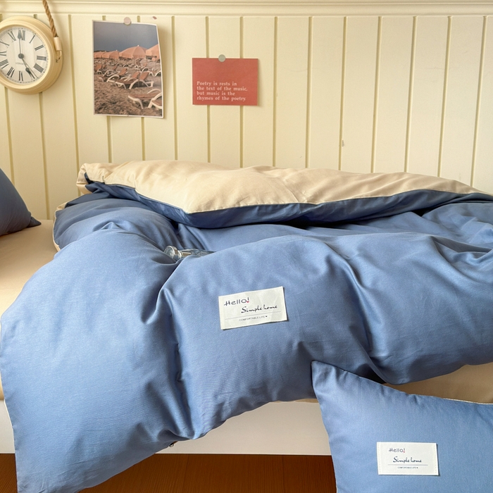 91家纺网 家纺一手货源 找家纺 曼之夏 2025新款全棉拼色纯色宿舍学生三件套 兰灰+浅驼