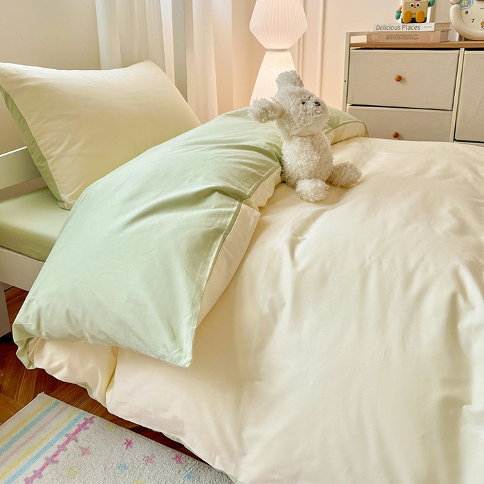 91家纺网 家纺一手货源 找家纺 泽西家纺 2025新款A类加密全棉40支13376简约风宿舍双拼纯色纯棉学生三件套 米黄+橄榄绿