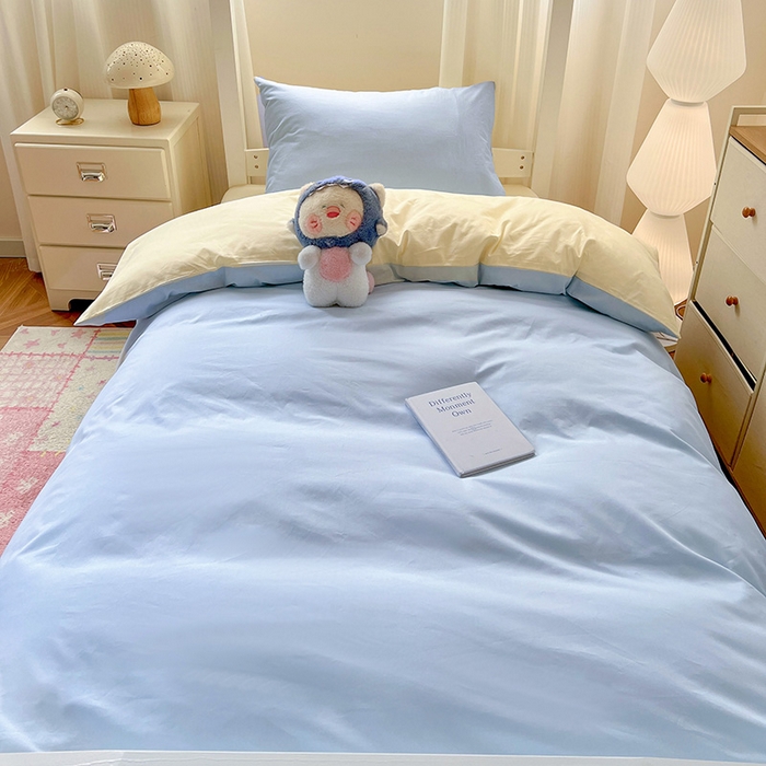 91家纺网 家纺一手货源 找家纺 泽西家纺 2025新款A类加密全棉40支13376简约风宿舍双拼纯色纯棉学生三件套 晴空蓝+米黄