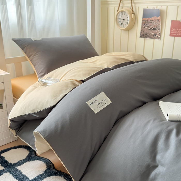 91家纺网 家纺一手货源 找家纺 曼之夏 2025新款全棉拼色纯色宿舍学生三件套 高级灰+浅驼