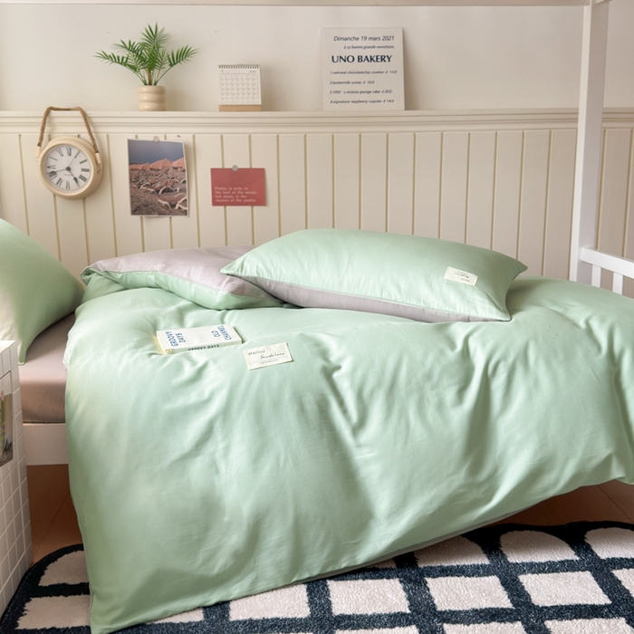 91家纺网 家纺一手货源 找家纺 曼之夏 2025新款全棉拼色纯色宿舍学生三件套 浅绿+米灰