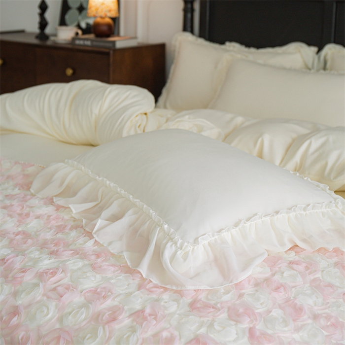 91家纺网 家纺一手货源 找家纺 庭笙 2025新款高定款法式蕾丝边四件套幽香玫瑰 幽香玫瑰-奶白