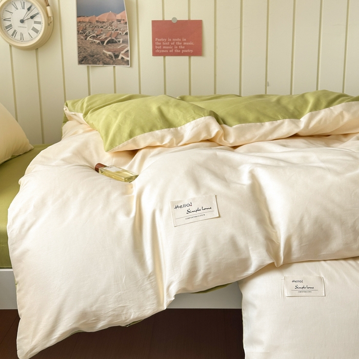 91家纺网 家纺一手货源 找家纺 曼之夏 2025新款全棉拼色纯色宿舍学生三件套 米白+草绿