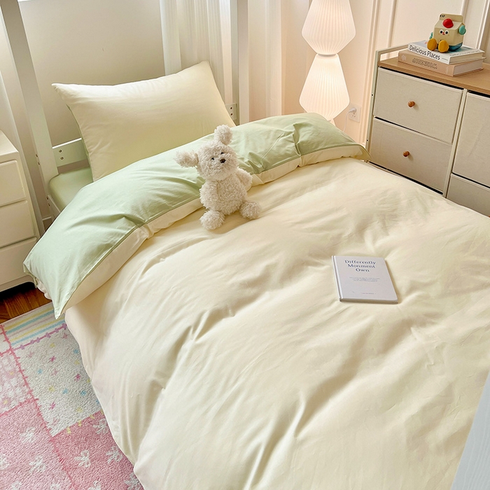 91家纺网 家纺一手货源 找家纺 泽西家纺 2025新款A类加密全棉40支13376简约风宿舍双拼纯色纯棉学生三件套 米黄+橄榄绿