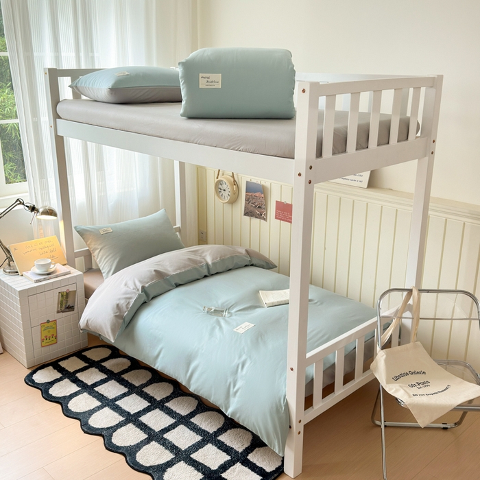 91家纺网 家纺一手货源 找家纺 曼之夏 2025新款全棉拼色纯色宿舍学生三件套 水兰+米灰