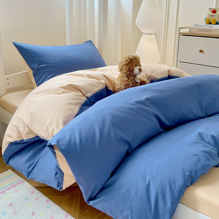 91家纺网 家纺一手货源 找家纺 泽西家纺 2025新款A类加密全棉40支13376简约风宿舍双拼纯色纯棉学生三件套 牛仔蓝+奶茶