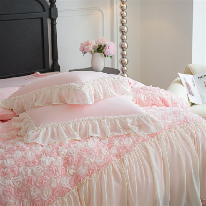 91家纺网 家纺一手货源 找家纺 庭笙 2025新款高定款法式蕾丝边四件套幽香玫瑰 幽香玫瑰-浅粉