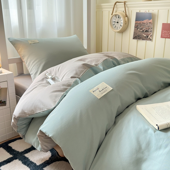 91家纺网 家纺一手货源 找家纺 曼之夏 2025新款全棉拼色纯色宿舍学生三件套 水兰+米灰