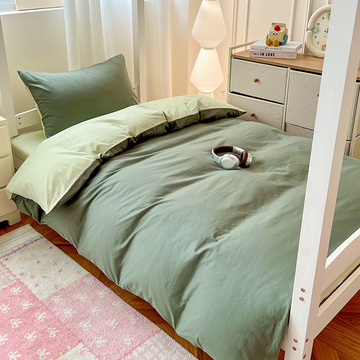 91家纺网 家纺一手货源 找家纺 泽西家纺 2025新款A类加密全棉40支13376简约风宿舍双拼纯色纯棉学生三件套 军绿+橄榄绿