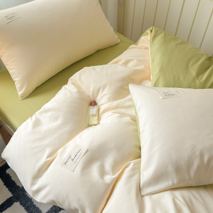 91家纺网 家纺一手货源 找家纺 曼之夏 2025新款全棉拼色纯色宿舍学生三件套 米白+草绿