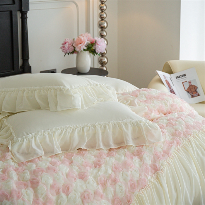 91家纺网 家纺一手货源 找家纺 庭笙 2025新款高定款法式蕾丝边四件套幽香玫瑰 幽香玫瑰-奶白