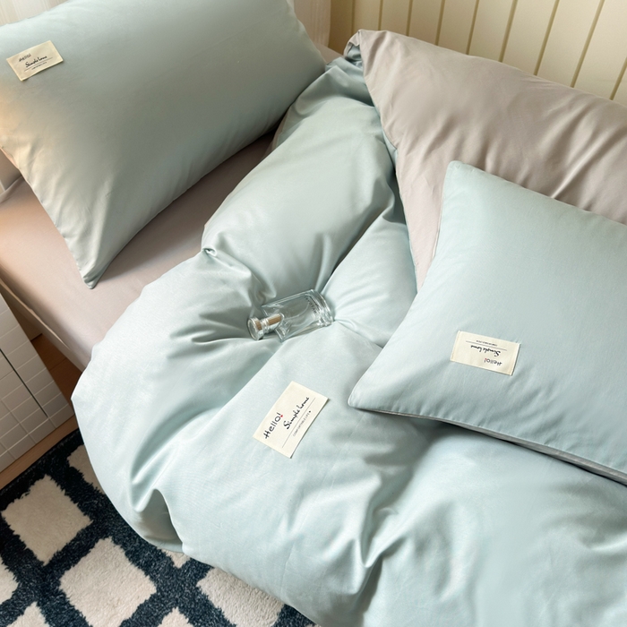 91家纺网 家纺一手货源 找家纺 曼之夏 2025新款全棉拼色纯色宿舍学生三件套 水兰+米灰