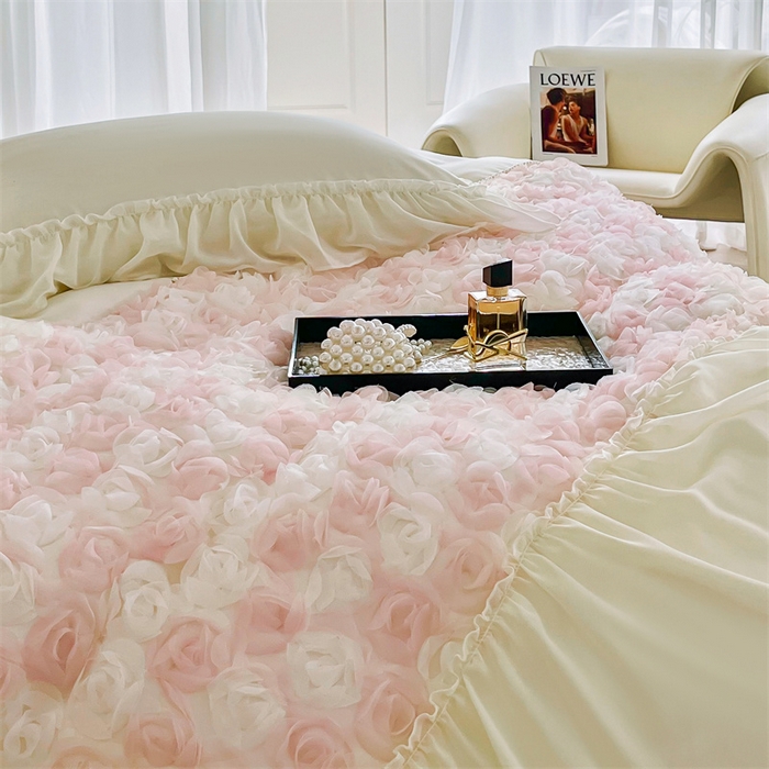 91家纺网 家纺一手货源 找家纺 庭笙 2025新款高定款法式蕾丝边四件套幽香玫瑰 幽香玫瑰-奶白