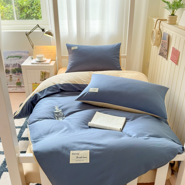 91家纺网 家纺一手货源 找家纺 曼之夏 2025新款全棉拼色纯色宿舍学生三件套 兰灰+浅驼