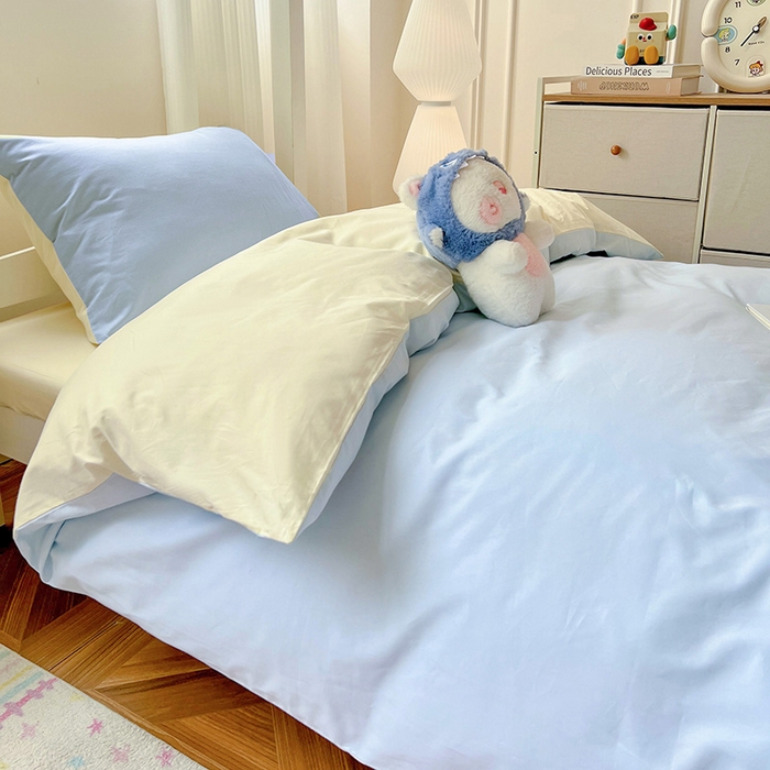 91家纺网 家纺一手货源 找家纺 泽西家纺 2025新款A类加密全棉40支13376简约风宿舍双拼纯色纯棉学生三件套 晴空蓝+米黄