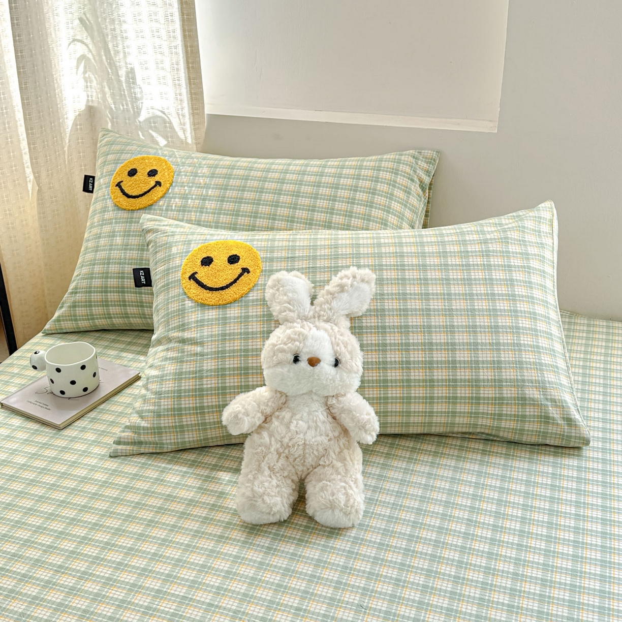 91家纺网 家纺一手货源 找家纺 乐美家纺 2025秋冬新款全棉色织水洗棉床笠三件套系列 微笑