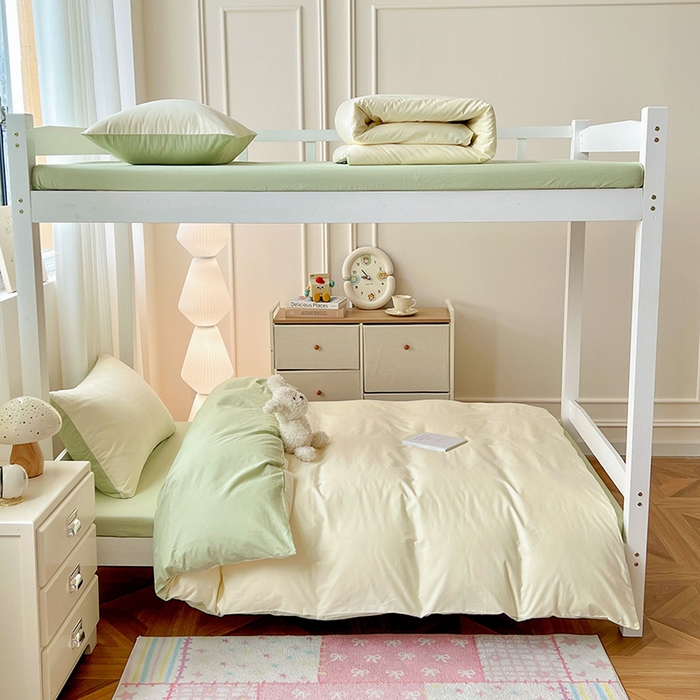 91家纺网 家纺一手货源 找家纺 泽西家纺 2025新款A类加密全棉40支13376简约风宿舍双拼纯色纯棉学生三件套 米黄+橄榄绿