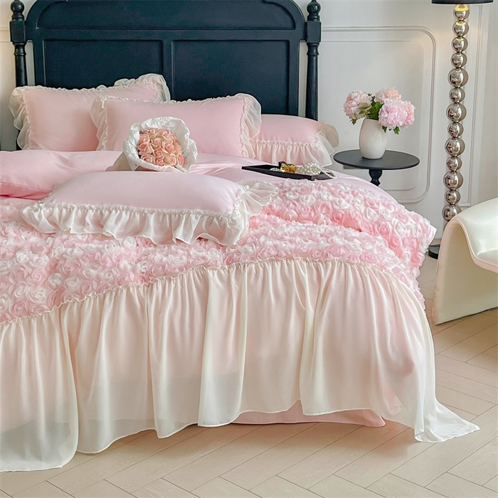 91家纺网 家纺一手货源 找家纺 庭笙 2025新款高定款法式蕾丝边四件套幽香玫瑰 幽香玫瑰-浅粉