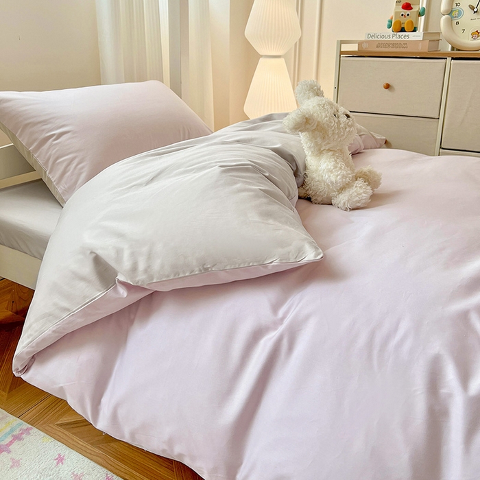 91家纺网 家纺一手货源 找家纺 泽西家纺 2025新款A类加密全棉40支13376简约风宿舍双拼纯色纯棉学生三件套 微微紫+浅米灰