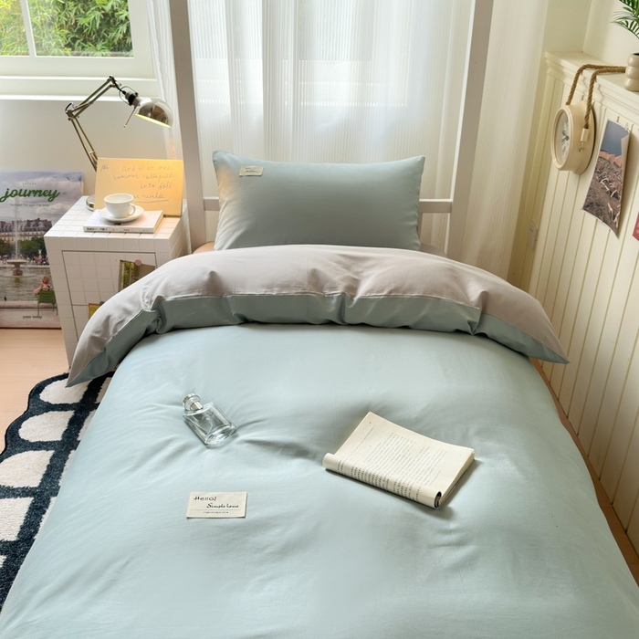 91家纺网 家纺一手货源 找家纺 曼之夏 2025新款全棉拼色纯色宿舍学生三件套 水兰+米灰