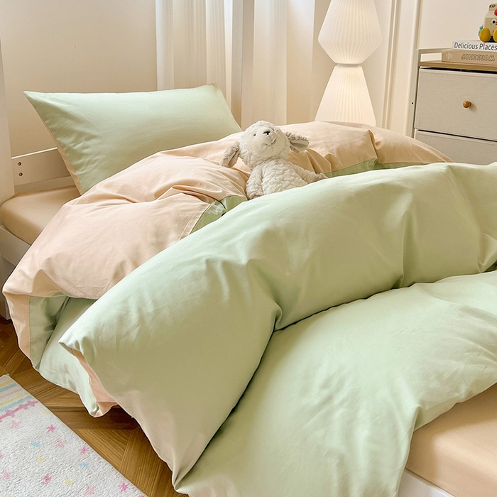 91家纺网 家纺一手货源 找家纺 泽西家纺 2025新款A类加密全棉40支13376简约风宿舍双拼纯色纯棉学生三件套 橄榄绿+奶茶