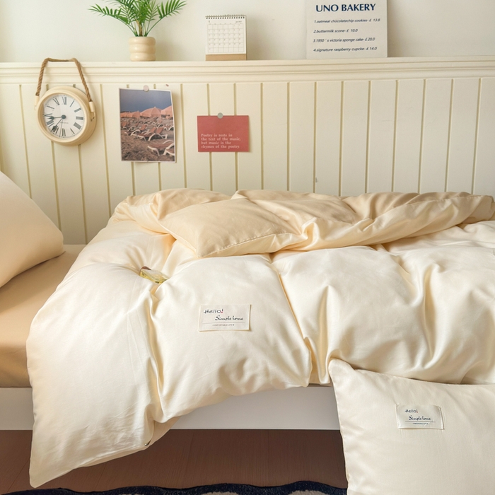 91家纺网 家纺一手货源 找家纺 曼之夏 2025新款全棉拼色纯色宿舍学生三件套 米白+浅驼