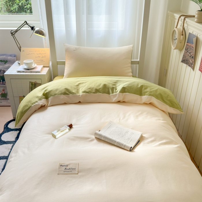 91家纺网 家纺一手货源 找家纺 曼之夏 2025新款全棉拼色纯色宿舍学生三件套 米白+草绿