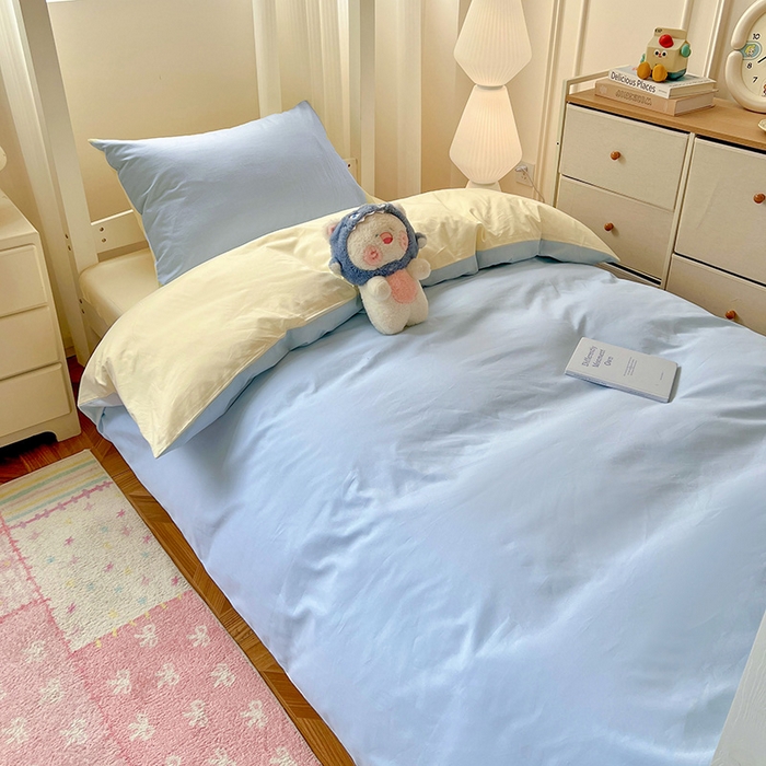 91家纺网 家纺一手货源 找家纺 泽西家纺 2025新款A类加密全棉40支13376简约风宿舍双拼纯色纯棉学生三件套 晴空蓝+米黄