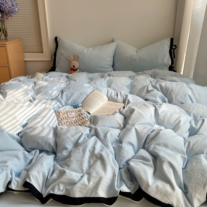 91家纺网 家纺一手货源 找家纺 （总）轻奢坊 2025新款水洗棉纯色撞色包边绑带款四件套