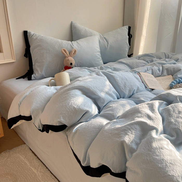 91家纺网 家纺一手货源 找家纺 （总）轻奢坊 2025新款水洗棉纯色撞色包边绑带款四件套