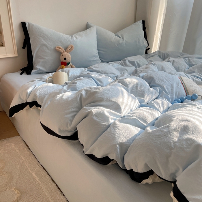 91家纺网 家纺一手货源 找家纺 （总）轻奢坊 2025新款水洗棉纯色撞色包边绑带款四件套