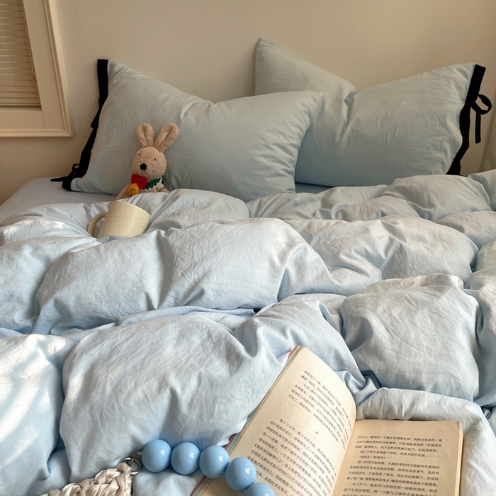 91家纺网 家纺一手货源 找家纺 （总）轻奢坊 2025新款水洗棉纯色撞色包边绑带款四件套