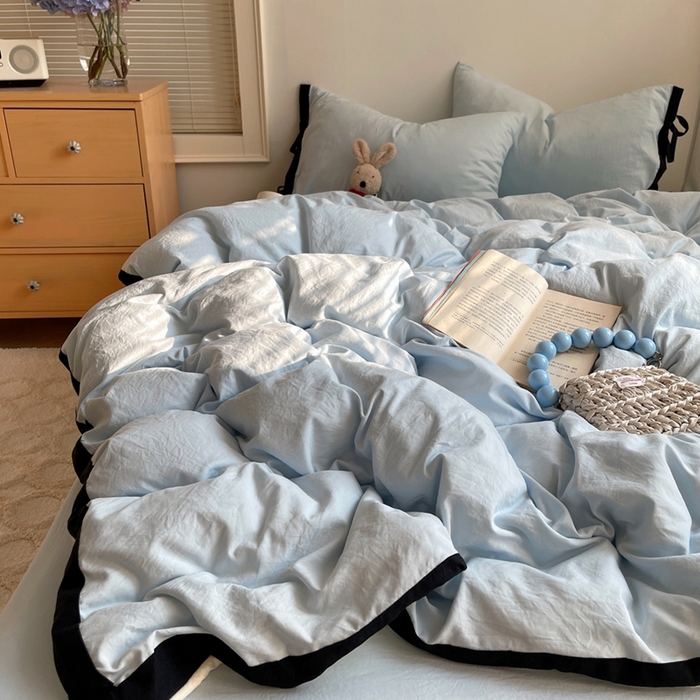 91家纺网 家纺一手货源 找家纺 （总）轻奢坊 2025新款水洗棉纯色撞色包边绑带款四件套