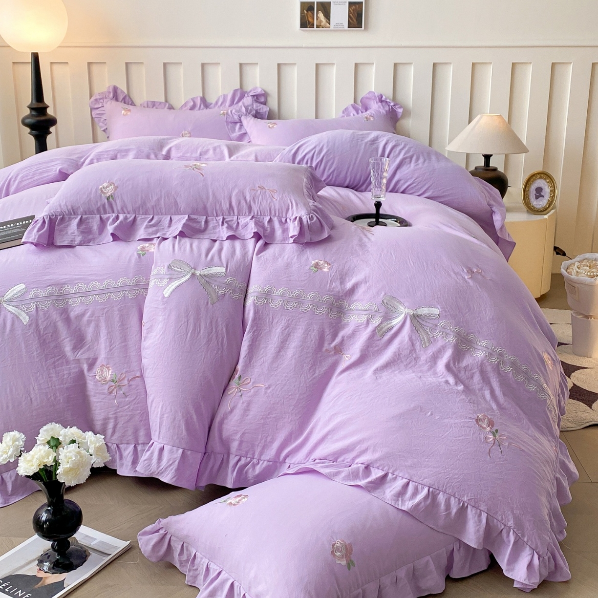 （总）大麦乐田 2025爆款韩版法式 满版刺绣大宽花边吊边款四件套